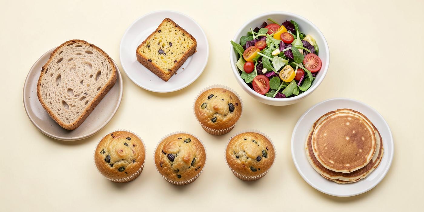 Panes, muffins, panqueques y ensalada preparados con las recetas