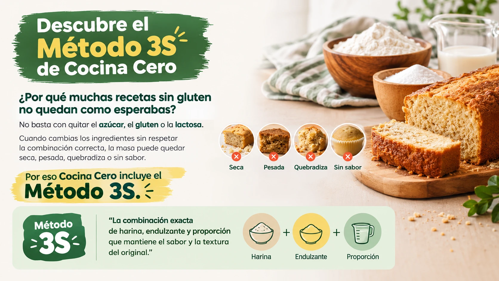 Infografía del Método 3S de Cocina Cero: por qué muchas recetas sin gluten no quedan como esperabas y cómo se combinan harina, endulzante y proporción.