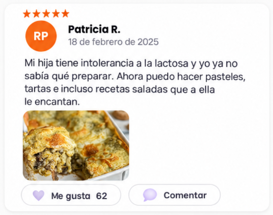 Reseña de Patricia R. sobre recetas para su hija con intolerancia a la lactosa