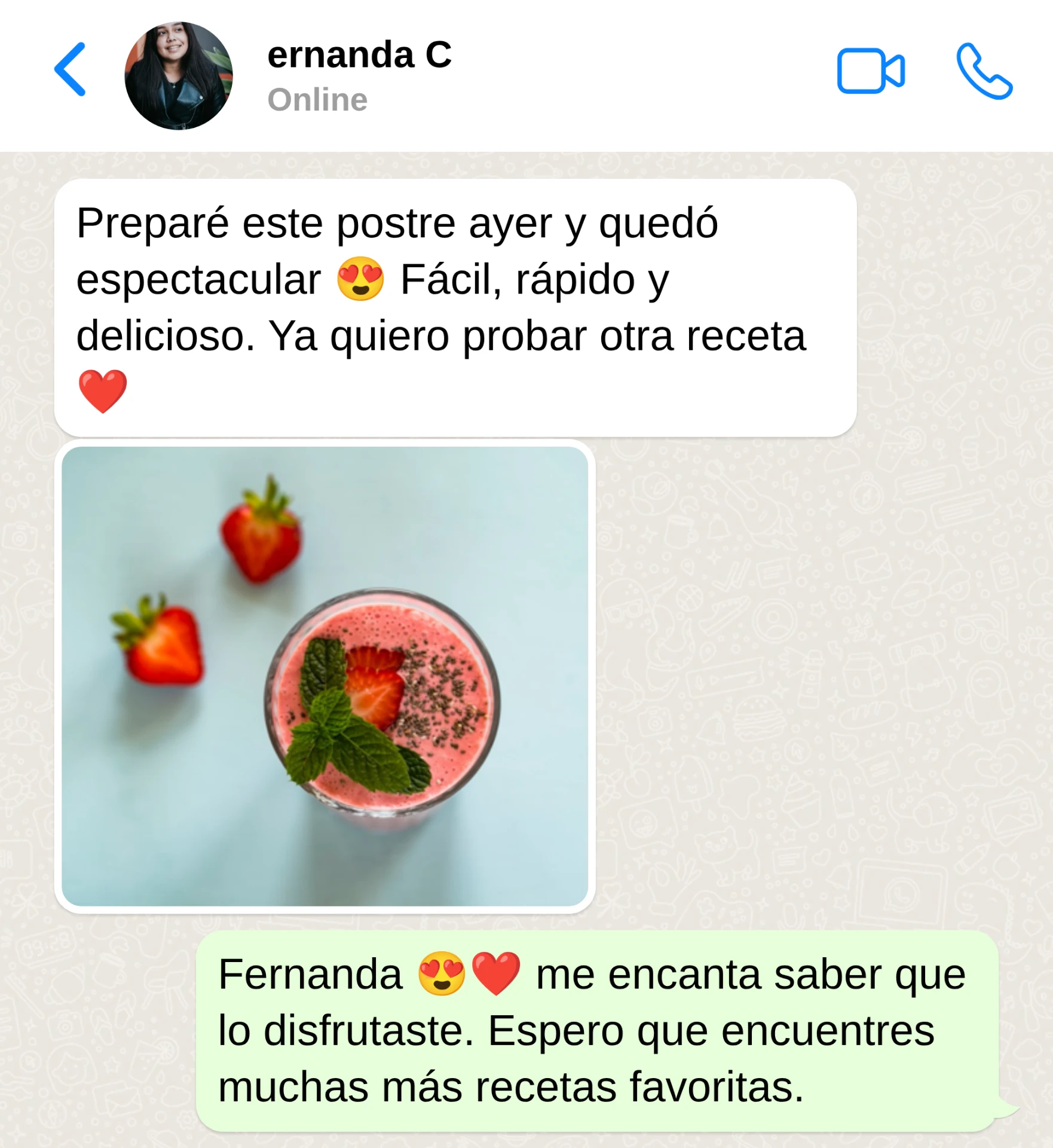 Mensaje de Fernanda sobre un postre preparado con las recetas