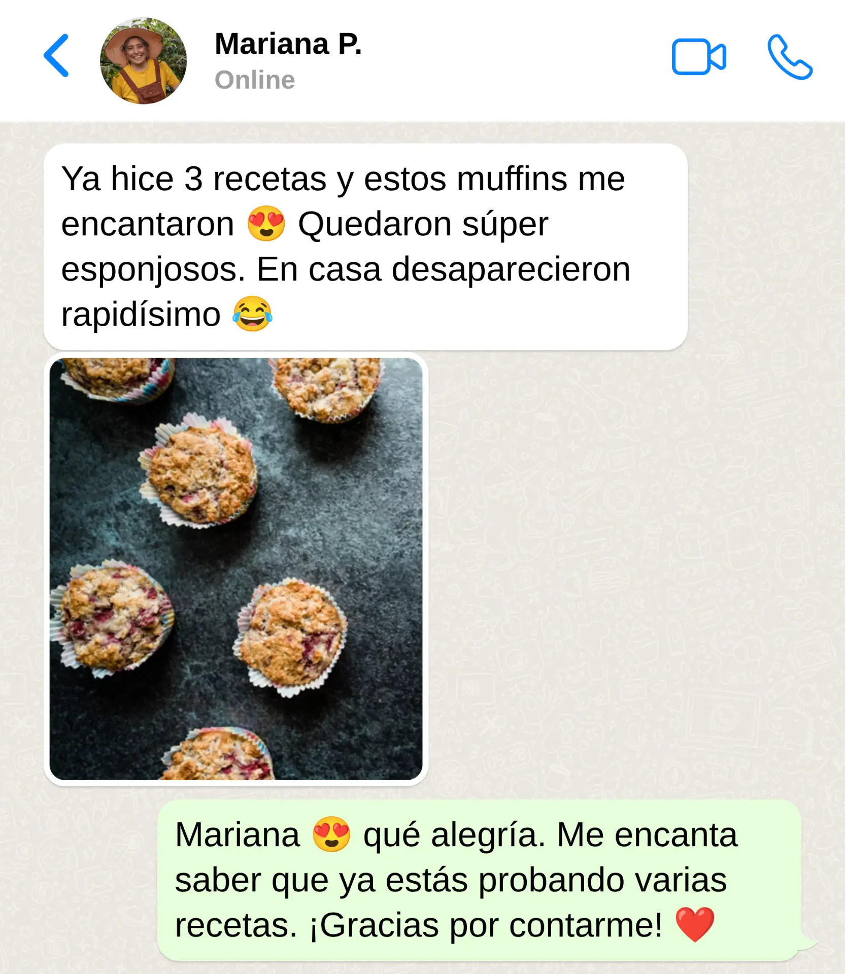 Mensaje de Mariana sobre muffins esponjosos