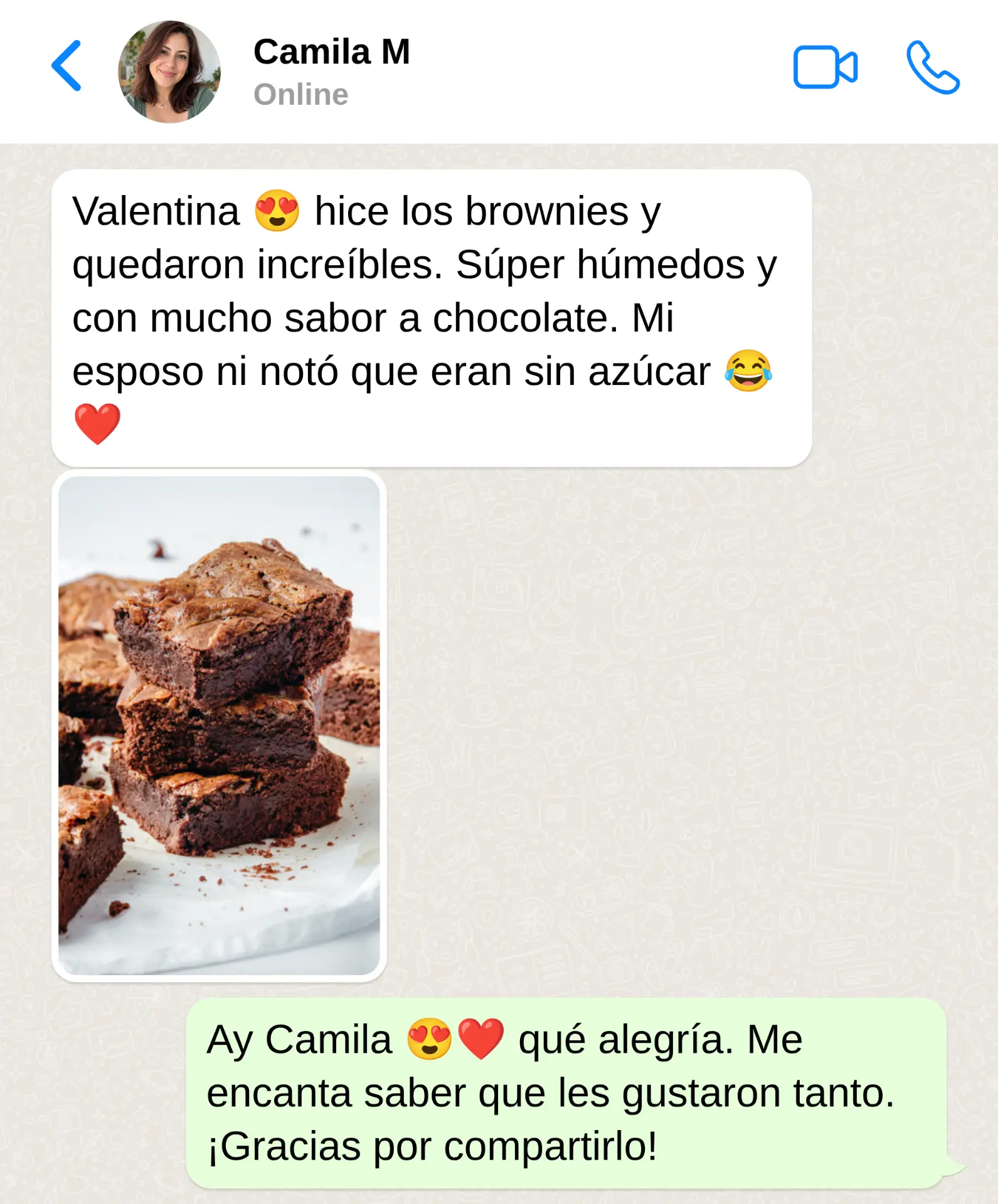 Mensaje de Camila sobre brownies sin azúcar