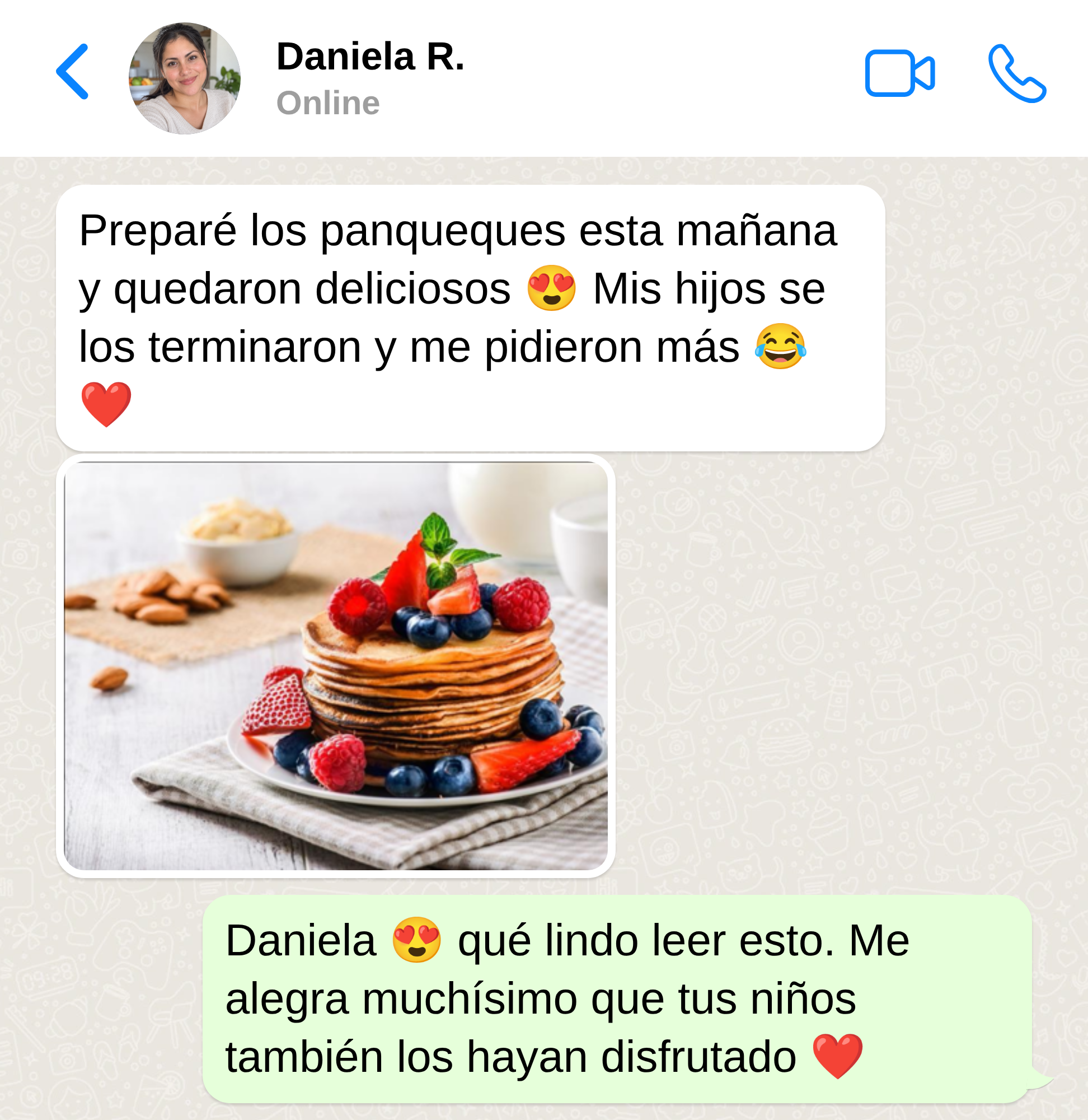 Mensaje de Daniela sobre panqueques para sus hijos