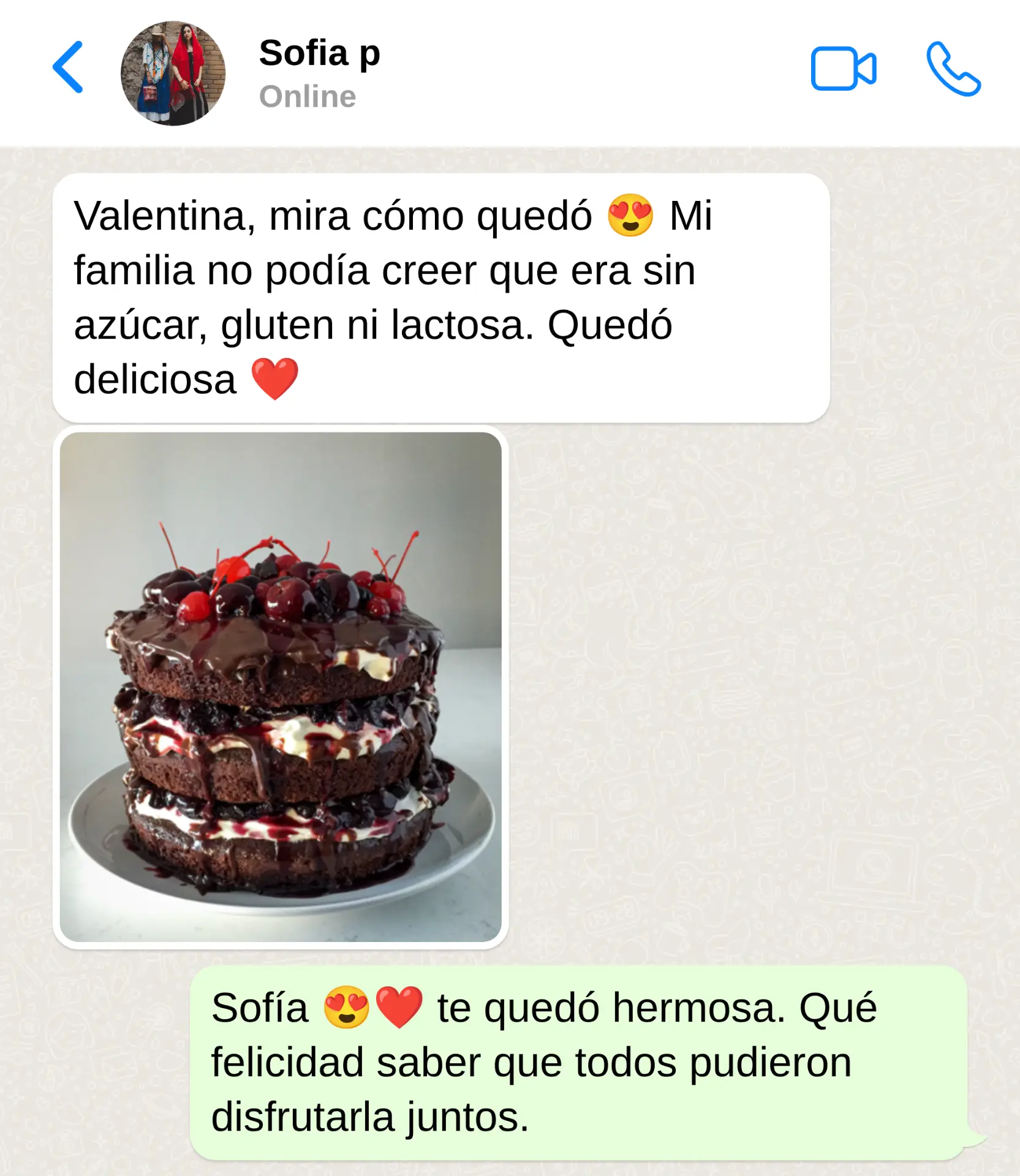 Mensaje de Sofía sobre una torta sin azúcar, gluten ni lactosa